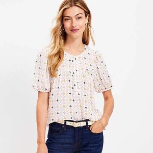 LOFT Angled Yoke Button Front Printed Short Sleeve Top White Multi Size Large